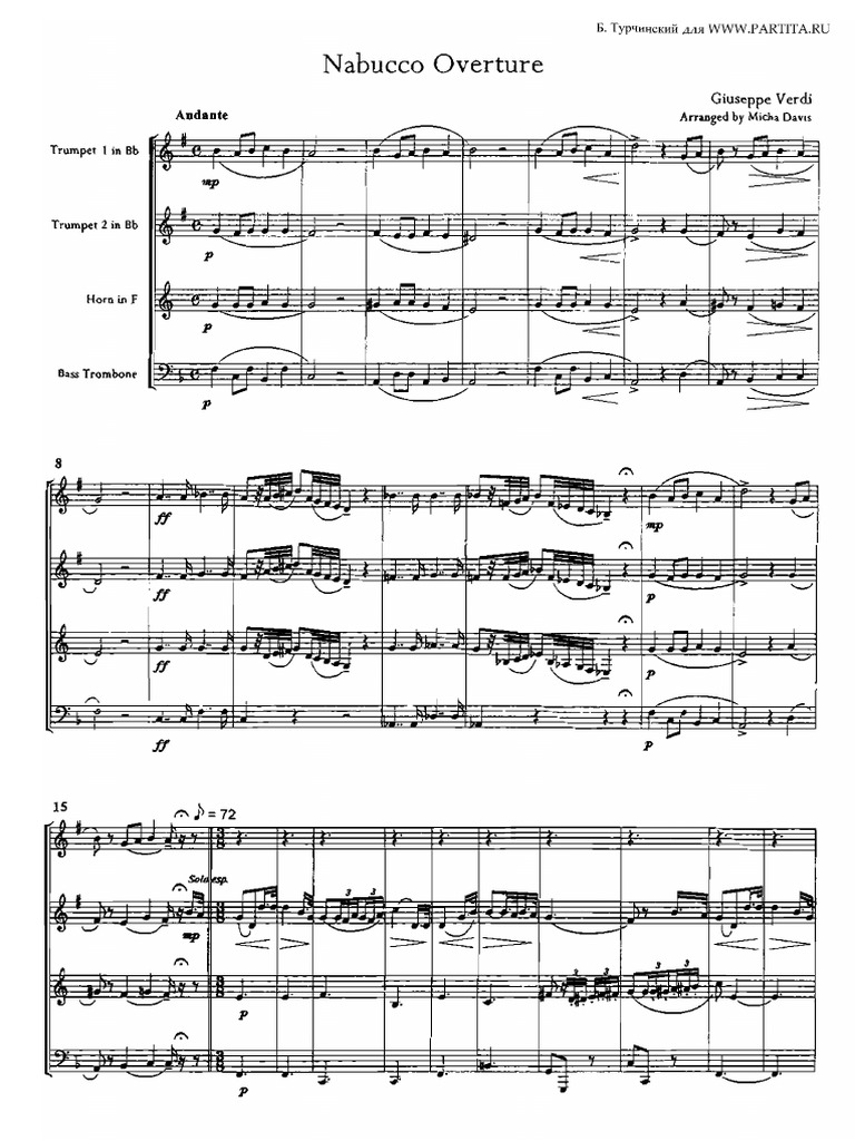 Partition Pour Quatuor De Flûtes : Ouverture De Nabucco - Niveau Intermédiaire