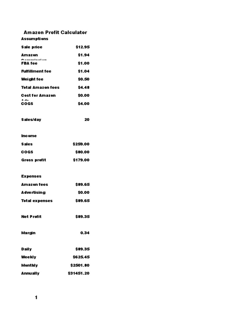 Amazon Profit Calculator PDF Net Financial Accounting