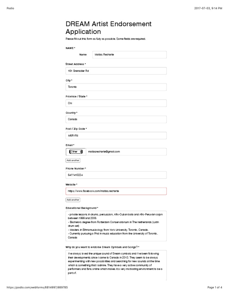 DREAM Artist Endorsement Application Name Name PDF Drum Kit Leisure
