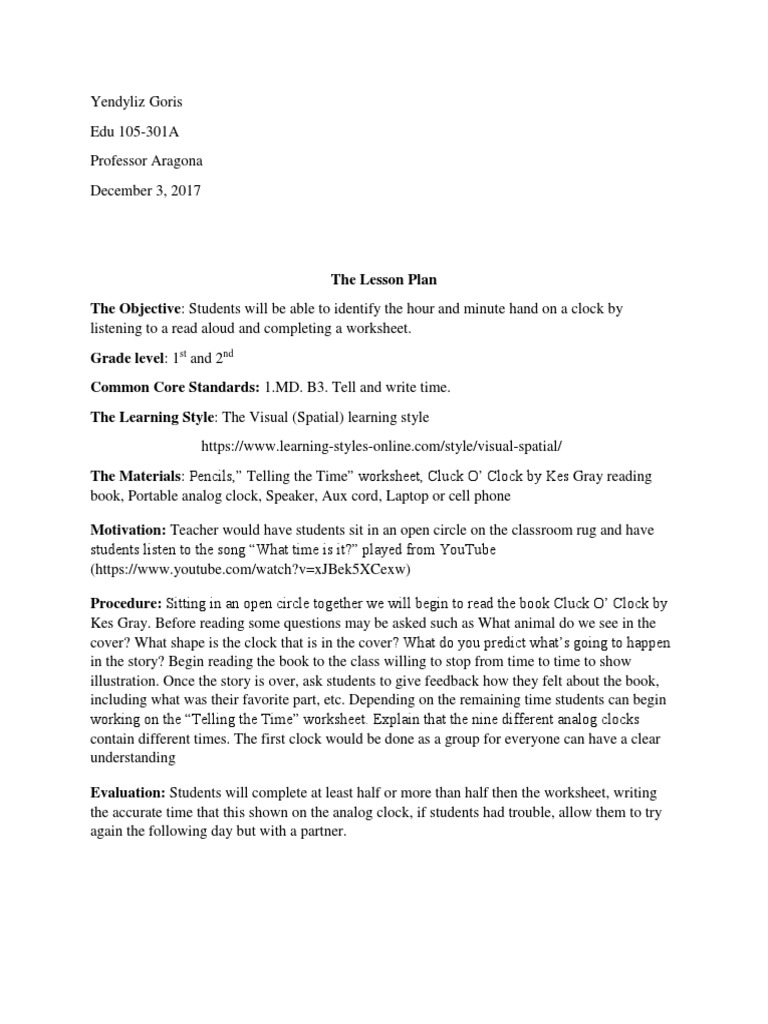 Telling Time Lesson Plan | PDF | Language Arts & Discipline