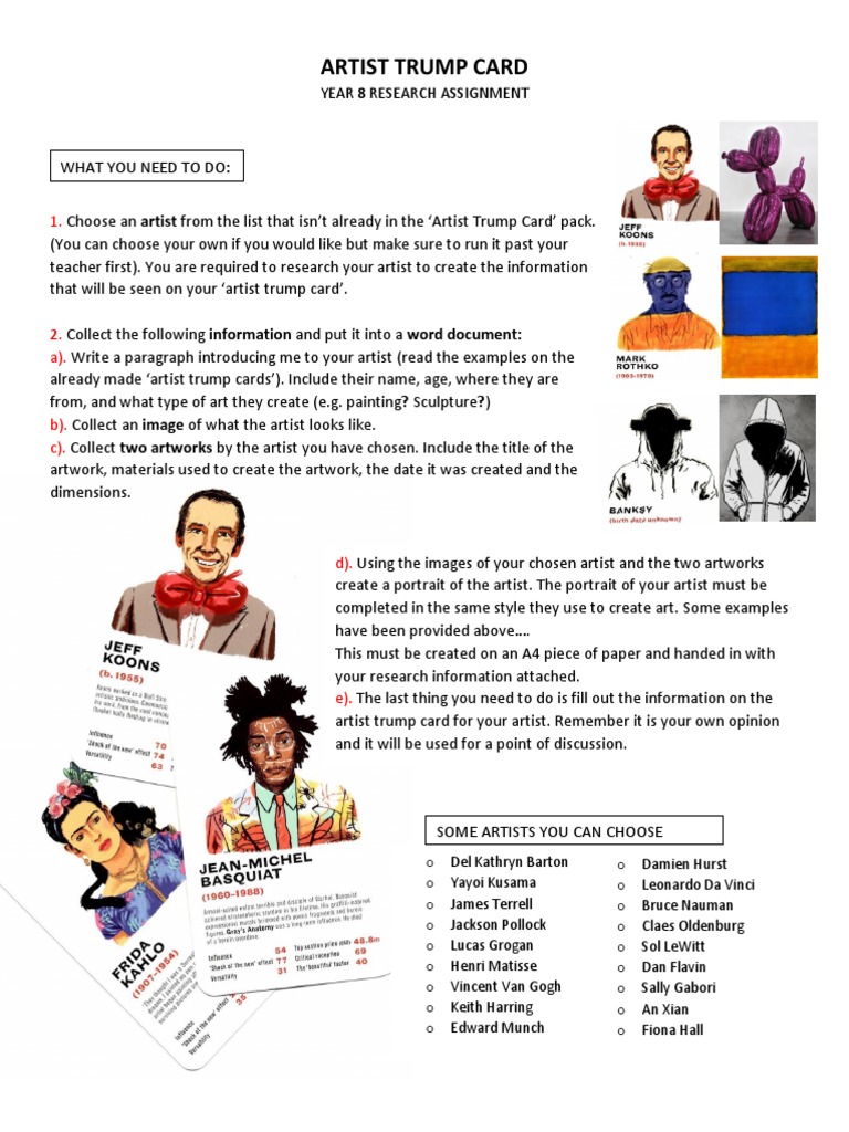 Artist Trump Card Research Assignment | PDF | Art Media | Plastic Arts