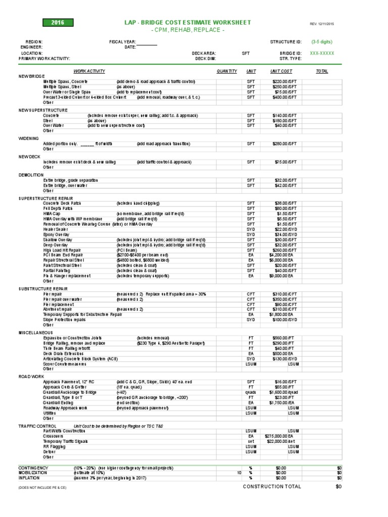 Bridge Cost Estimate Worksheet 2016 | PDF | Bridge | Road Surface