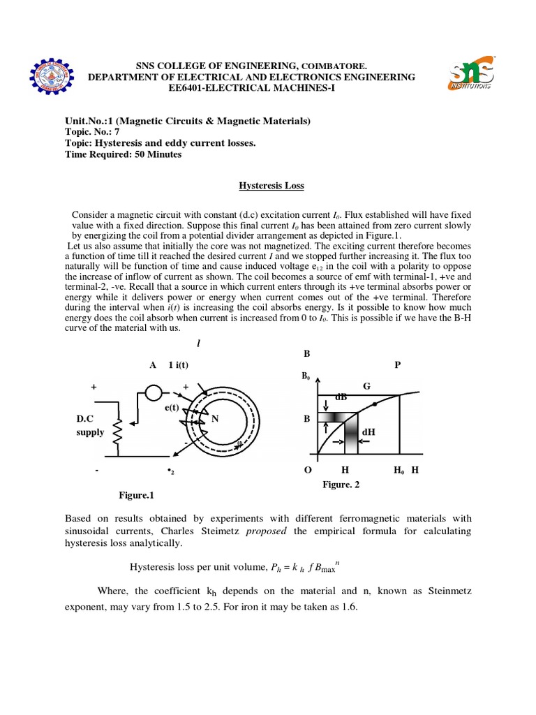 Hysteresis and Eddy Current Losses PDF PDF Inductor Electric Current