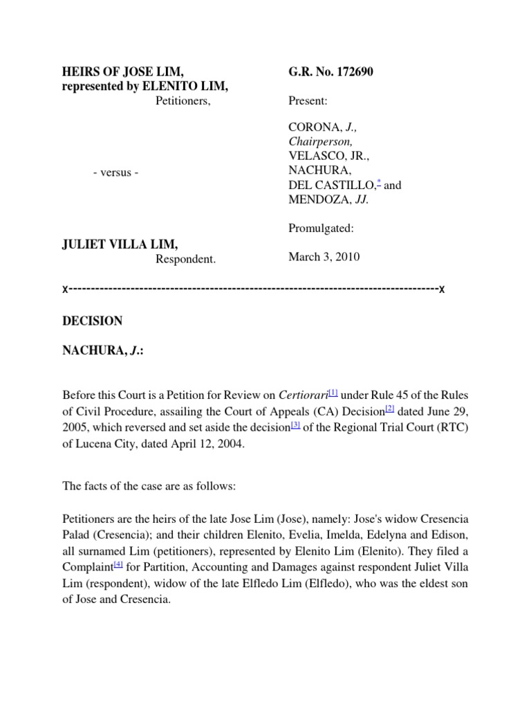 Heirs of jose lim represented by elenito lim g r no 172690 pdf