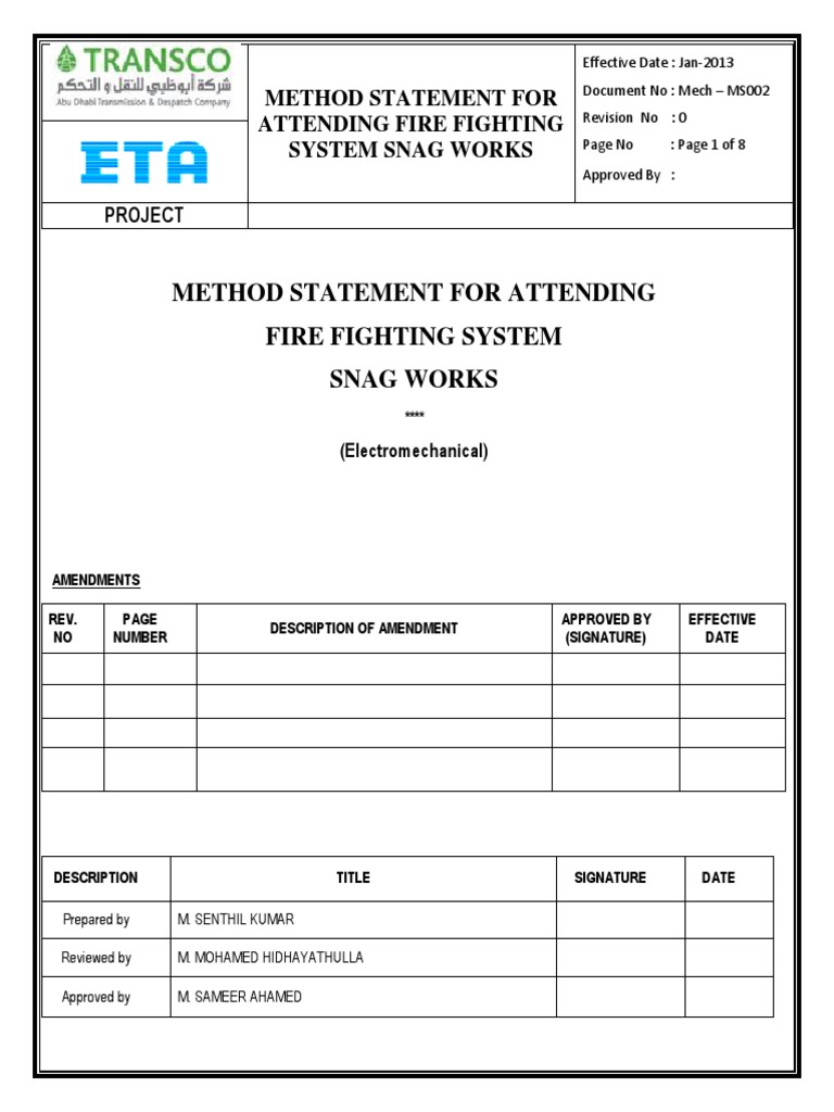 Fire Fighting System Snag Works Method Statement | PDF | Firefighting ...
