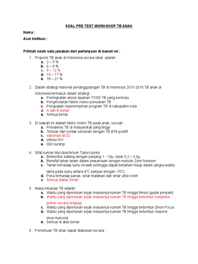 Soal Pre Dan Post Test Tb Anak Kunci Jawaban