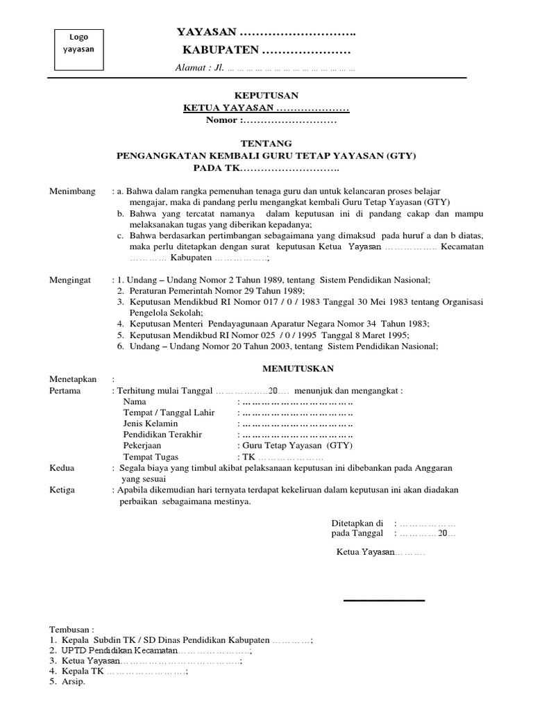 Contoh Sk Pengangkatan Kepala Sekolah Paud Oleh Yayasan