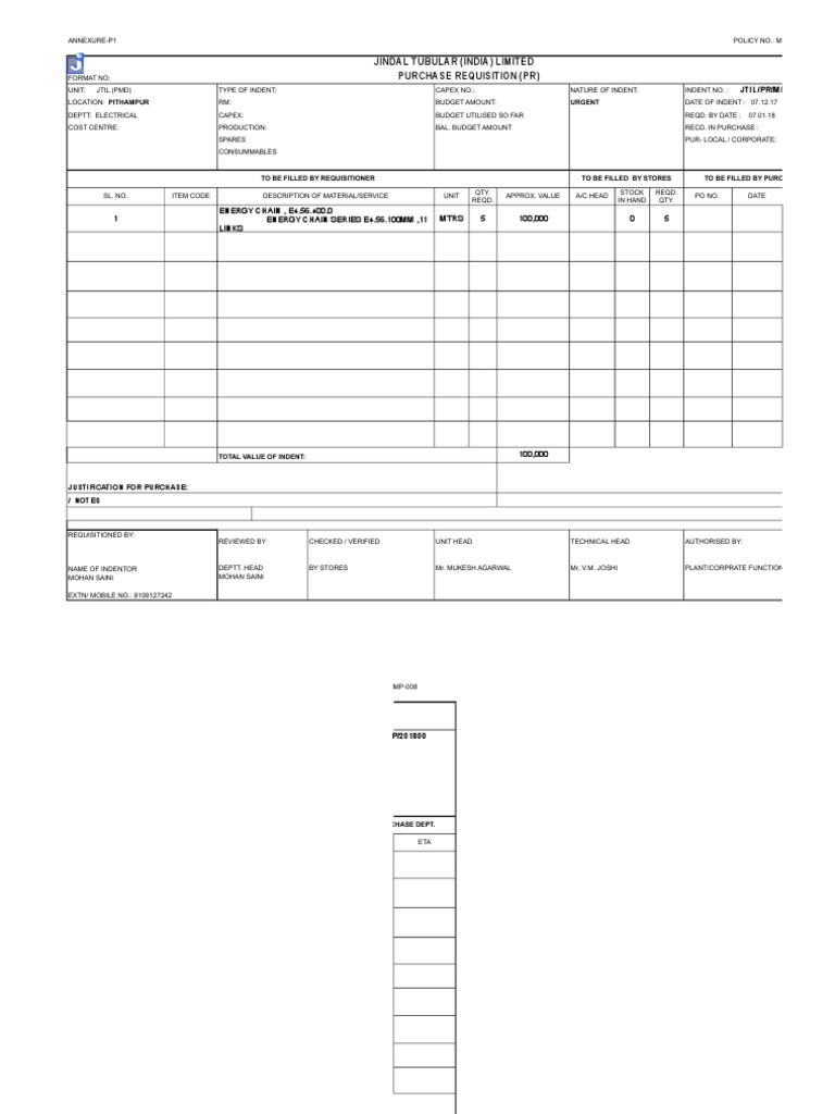 Jindal Tubular (India) Limited Purchase Requisition (PR) PDF