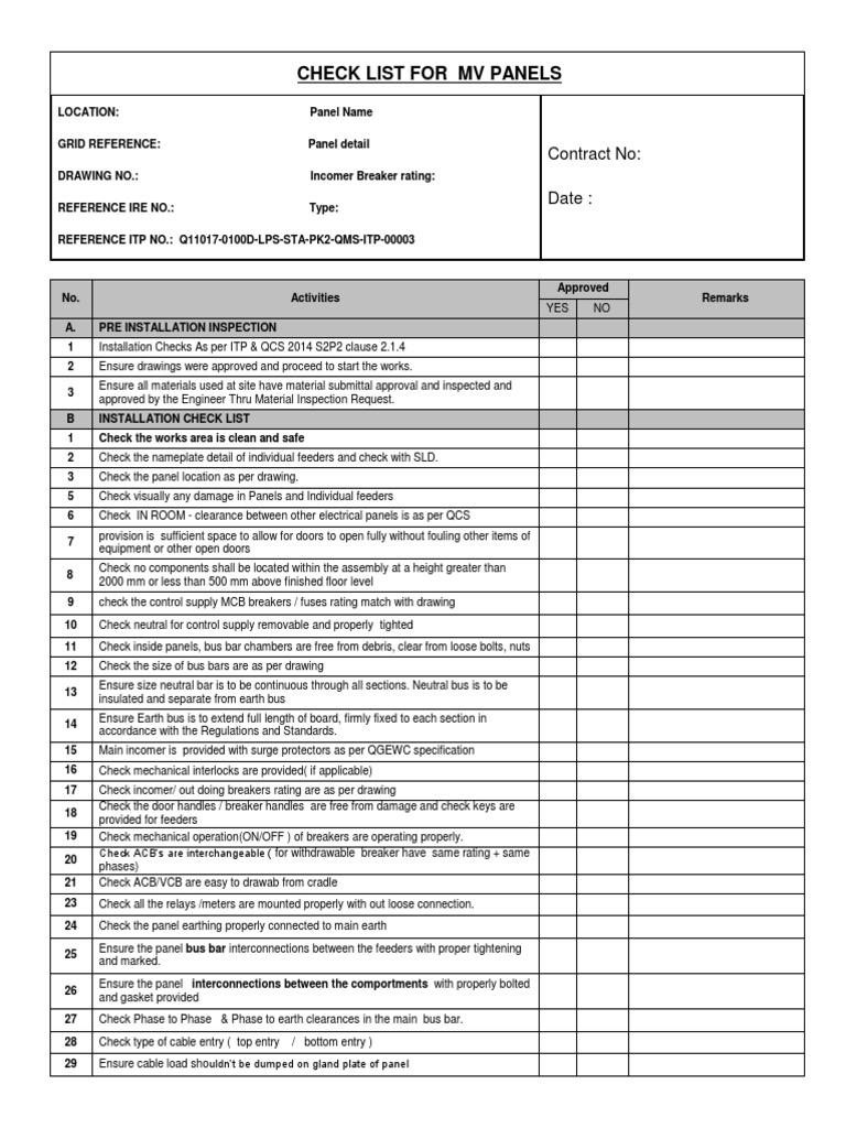 MV Panel Electrical Inspection Checklist | PDF | Electrical Connector ...