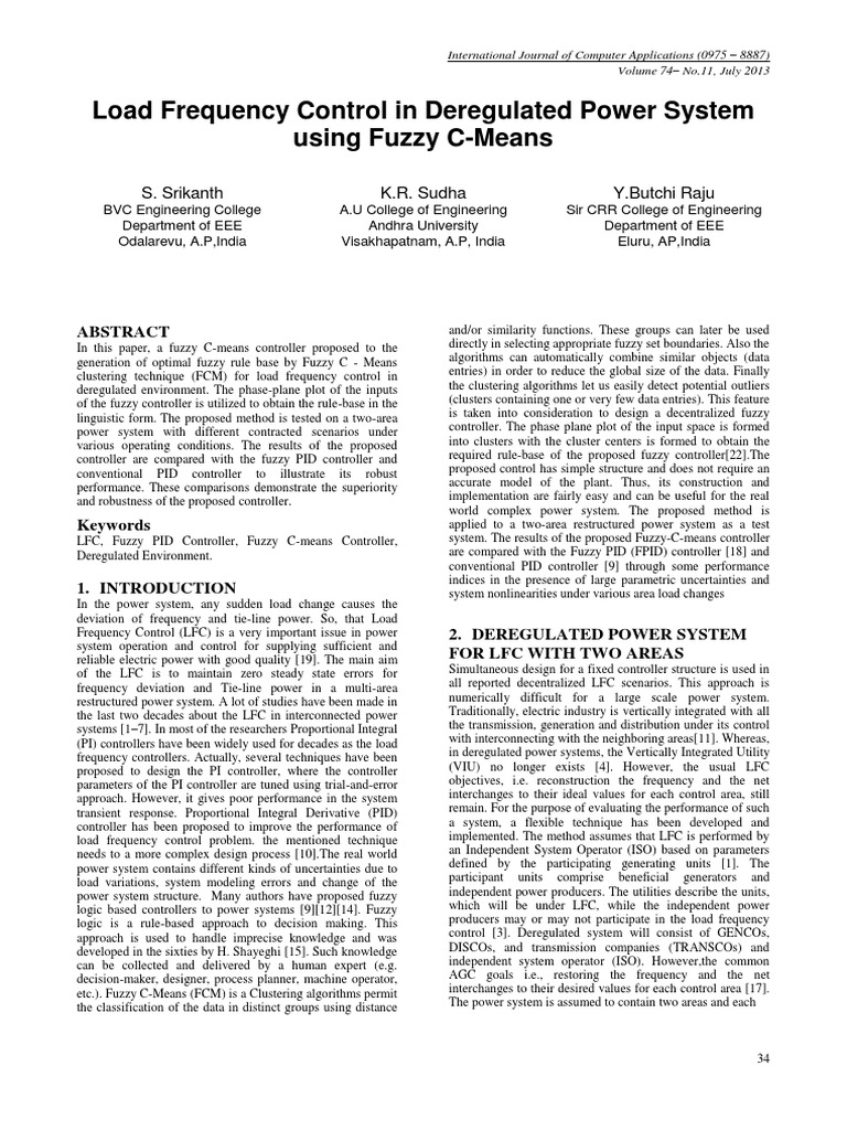 Load Frequency Control in Deregulated Power System Using Fuzzy C-Means ...