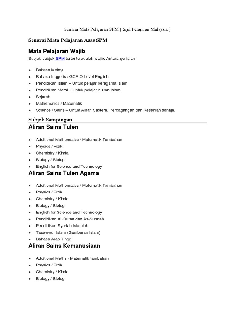 Senarai Mata Pelajaran Spm Pdf