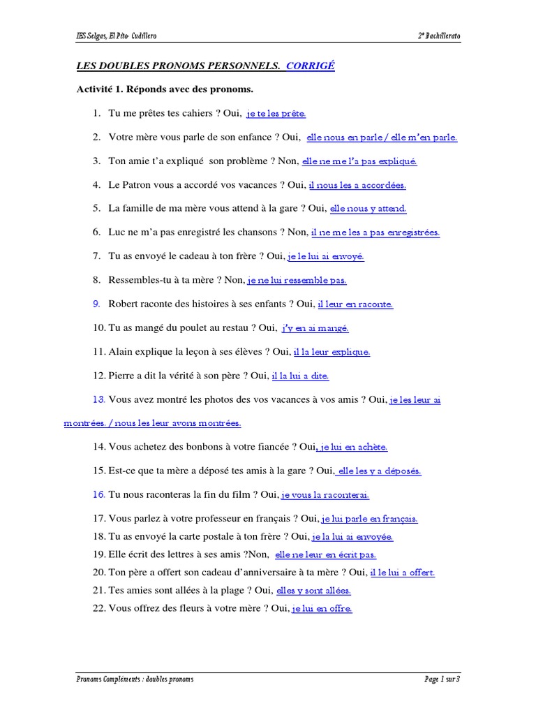 Doubles Pronoms Complements Corrige Pdf Pdf Pronom échecs