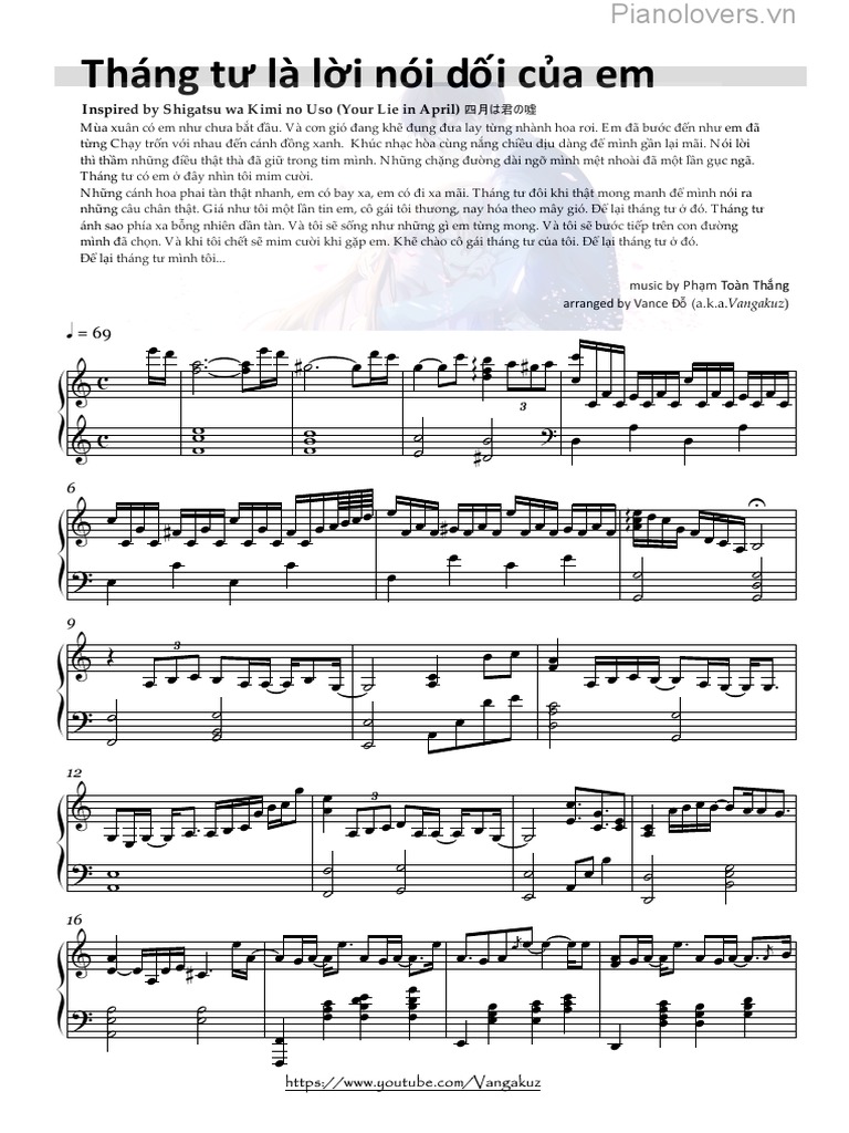 Tháng Tư Là Lời Nói Dối Của Em piano sheet