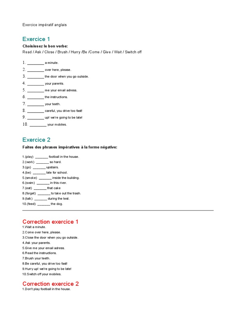 Exercice Sur L impératif Présent 5ème Exercice Impératif Anglais | PDF