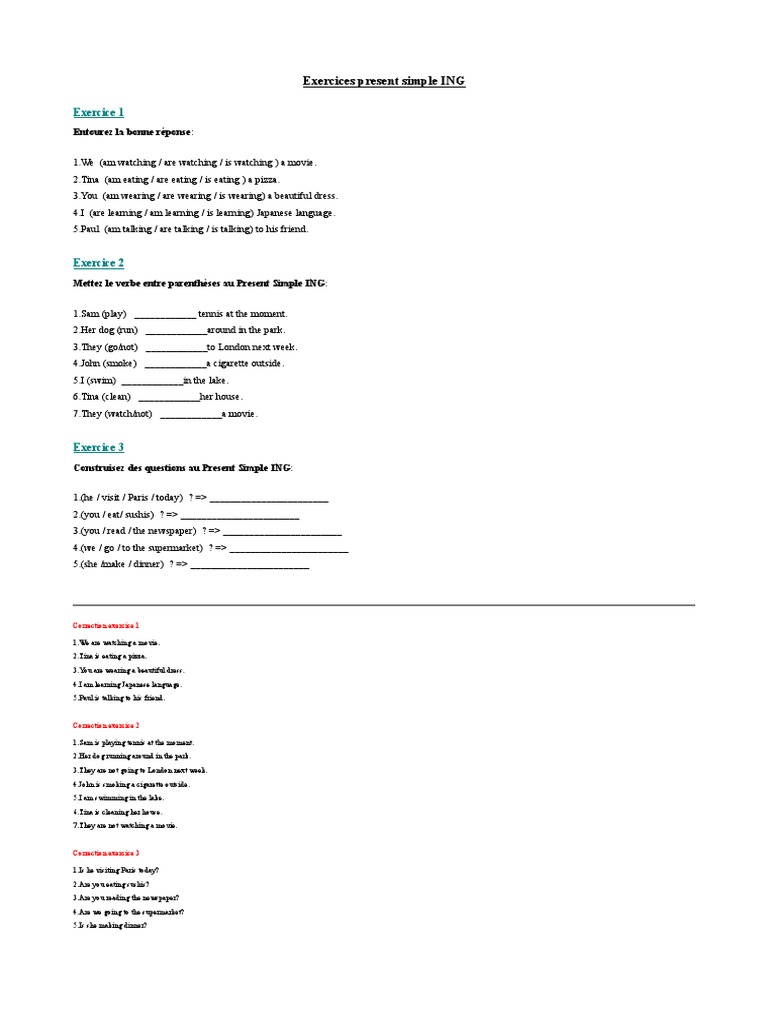 Exercices Anglais Présent Simple Et Be Ing