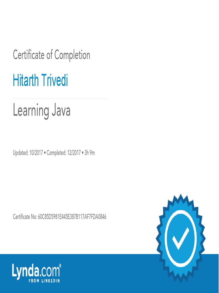 Java Completion Certificate - Hitarth Trivedi | PDF