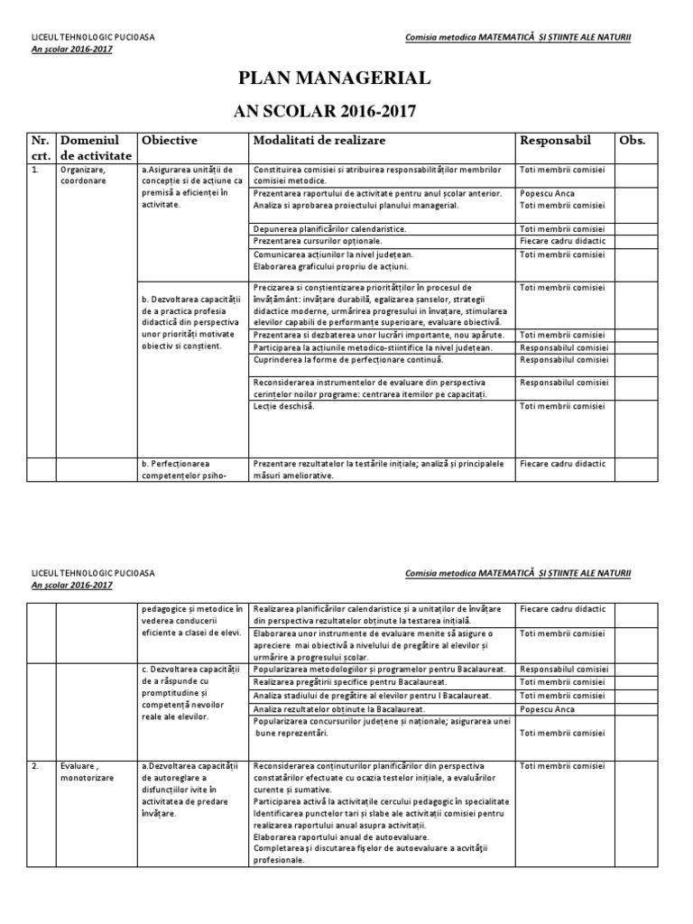 Plan Managerial Matematica Si Stiinte
