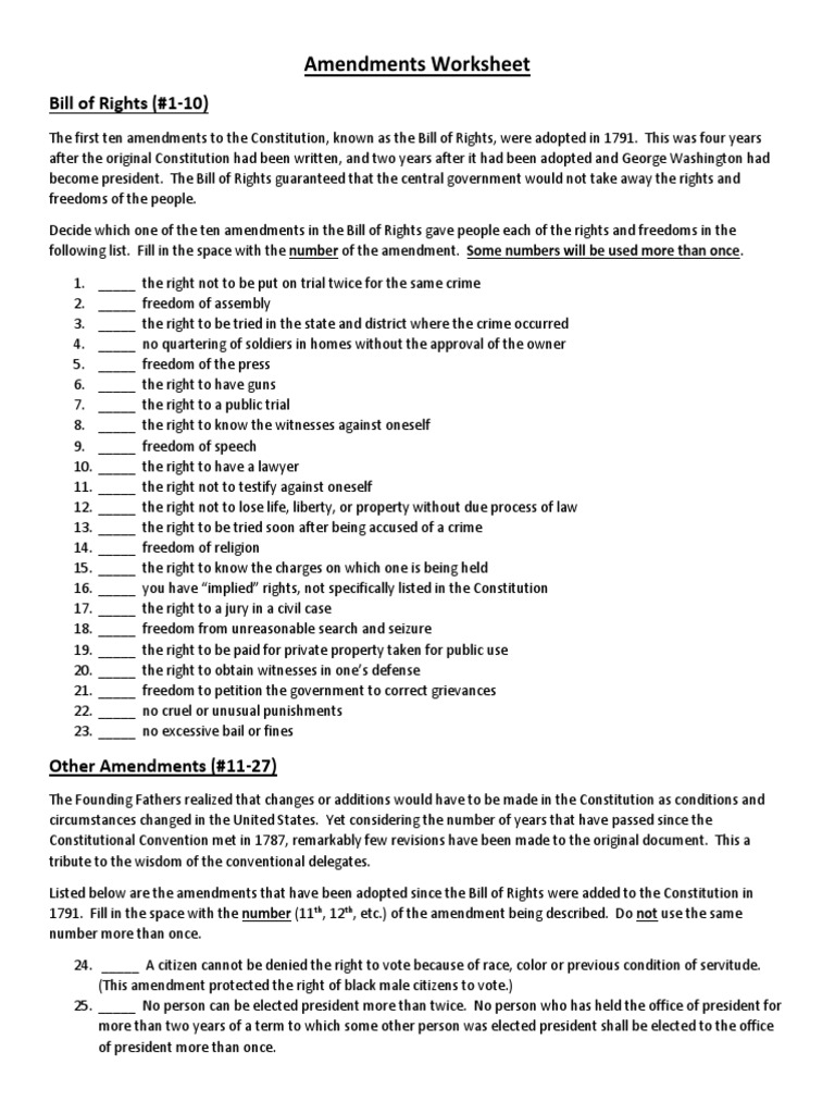 Amendments Worksheet27 United States Bill Of Rights Presidents Of The United States