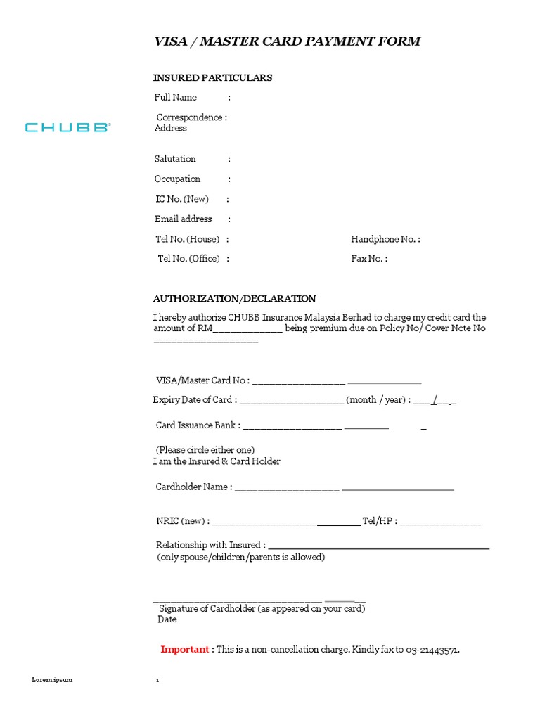ChubbCredit Card Payment Form PDF