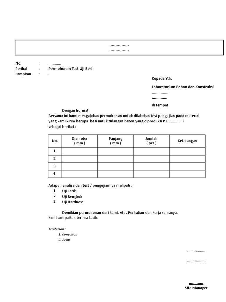 Surat Mintak Sample Besi Untuk Test Lab