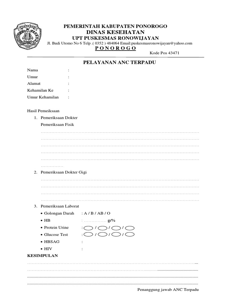 Laporan Pelayanan ANC Puskesmas Ronowijayan | PDF