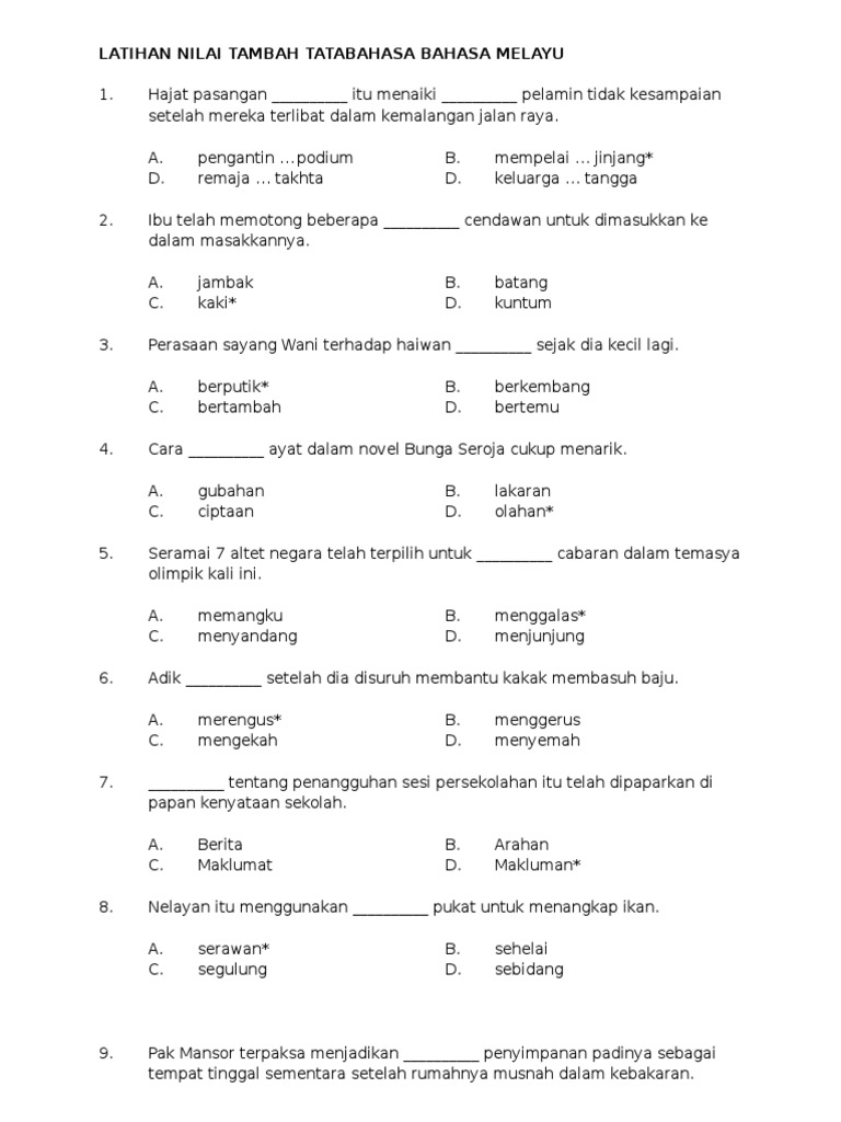 Latihan Nilai Tambah Tatabahasa Bahasa Melayu