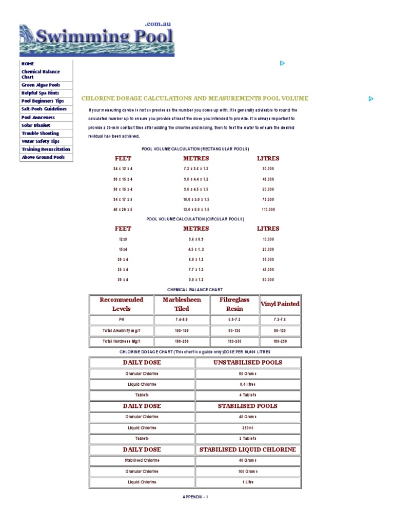 Chlorine Dosage Calculations and Measurements Pool Volume PDF PDF