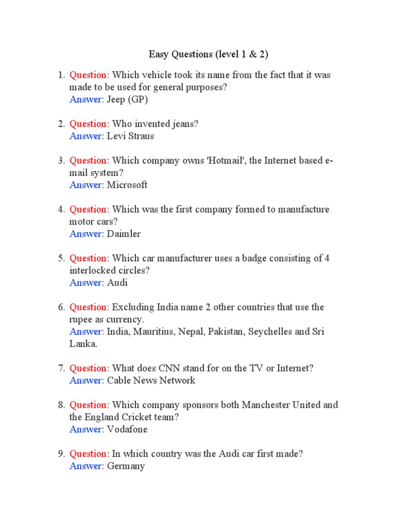 Easy Level 1 & 2 Trivia Questions | PDF | Nature | Lg Corporation