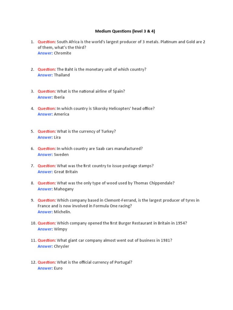 Answer:: Medium Questions (Level 3 & 4) | PDF