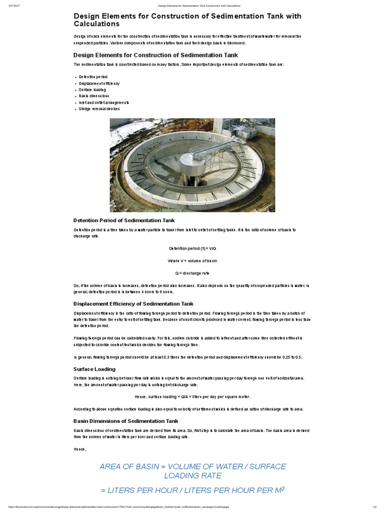 Sedimentation Tank Design and Calculations | PDF | Hydraulic ...
