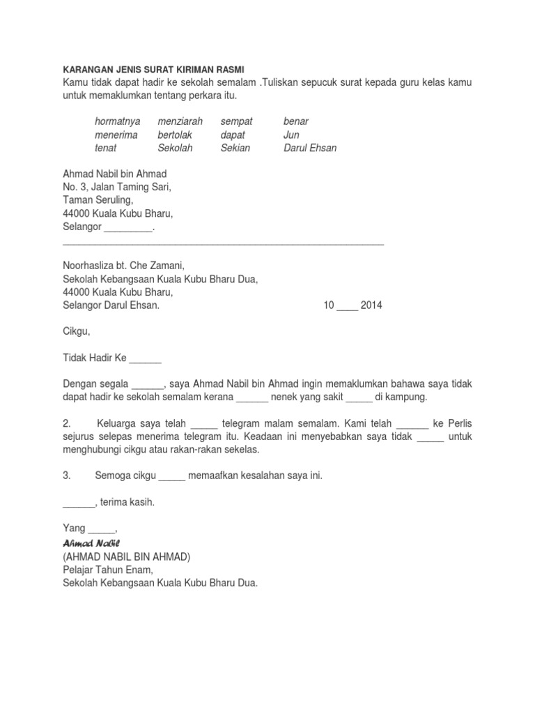 Format Karangan Surat Kiriman Rasmi Bahasa Inggeris