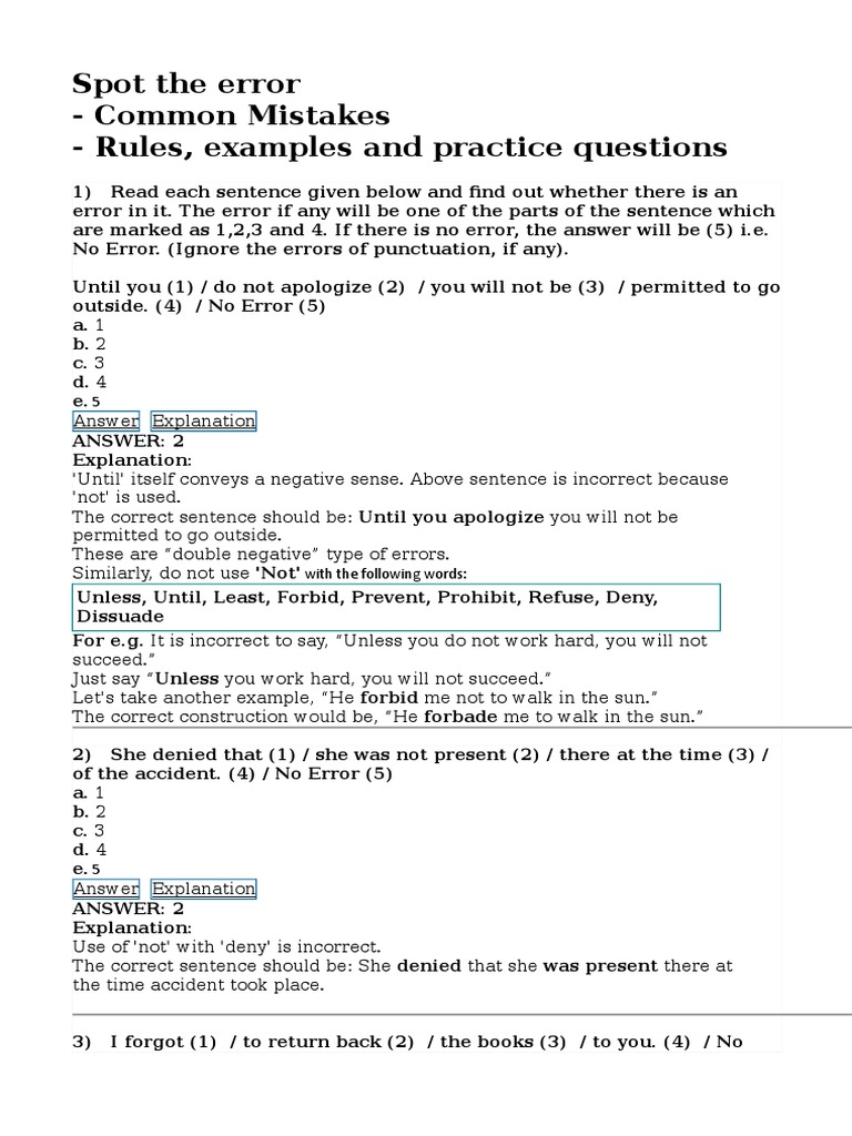 Spot The Error Common Mistakes Pdf Error English Language
