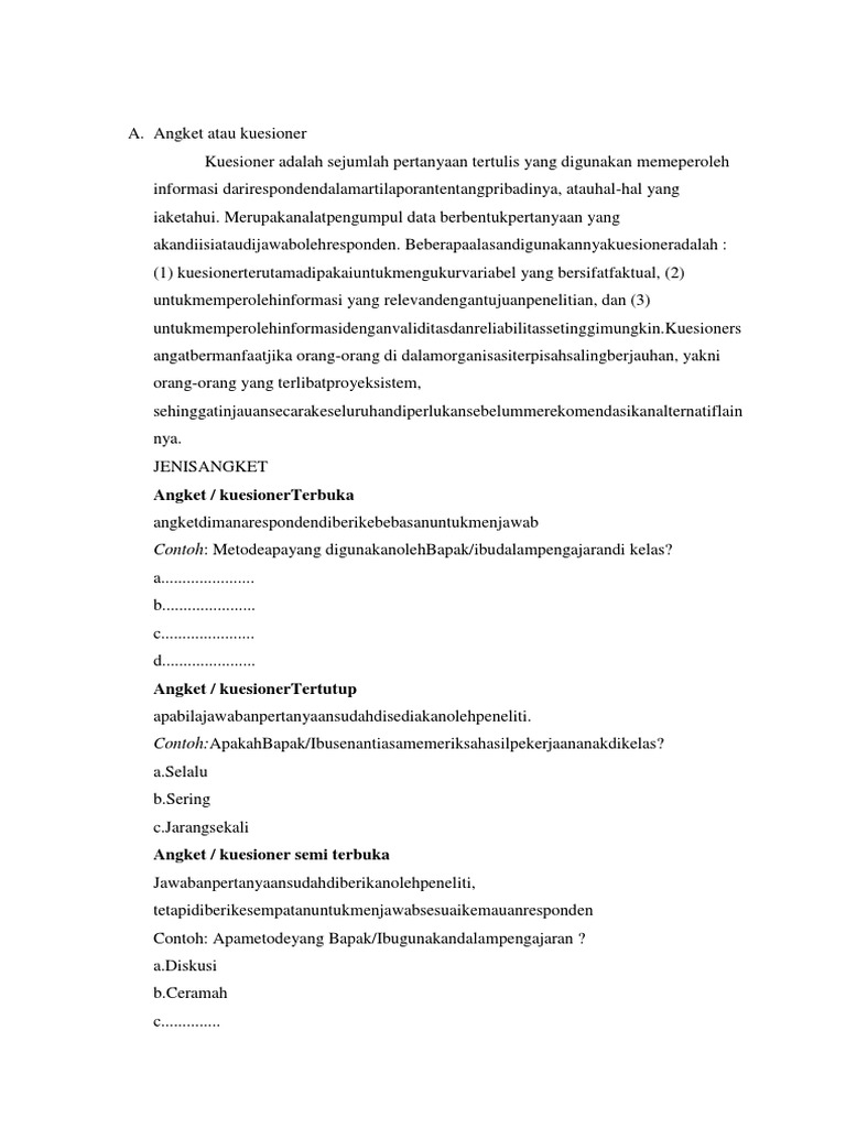 Contoh Angket Semi Terbuka