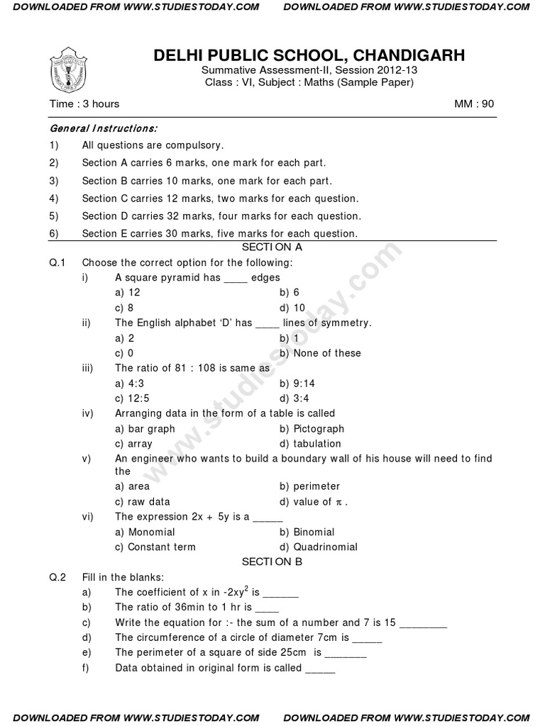 Cbse class 6 maths question paper sa 2 2013 pdf elementary geometry 
