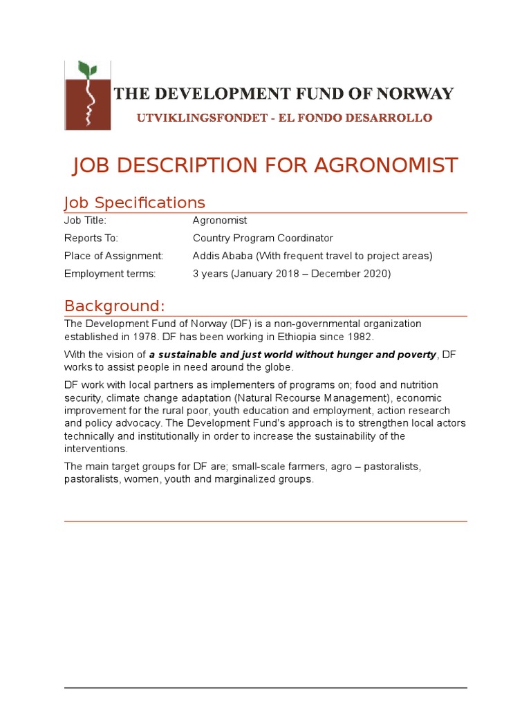 Job Description Agronomist Dec 2017 PDF Agriculture Sustainability