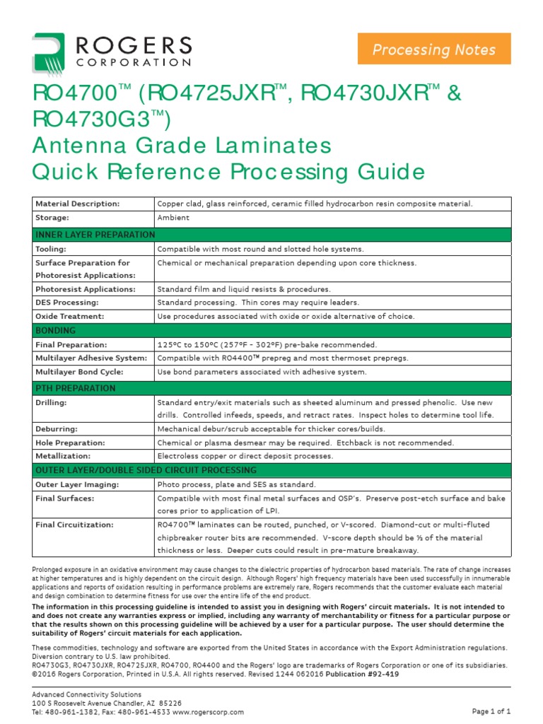 Quick Reference Processing Guidelines - RO4700 Antenna Grade Laminates ...