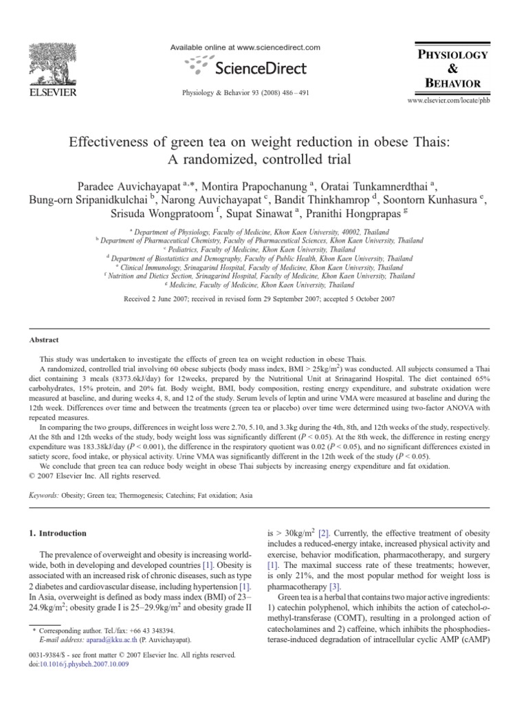 Effectiveness of Green Tea On Weight Reduction in Obese Thais: A ...