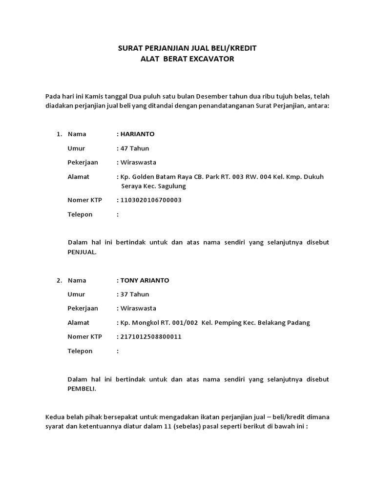 Surat Perjanjian Jual Beli Kredit