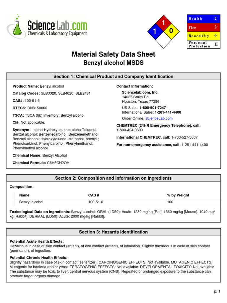 Benzyl Alcohol (Corrosive) Toxicity Solubility