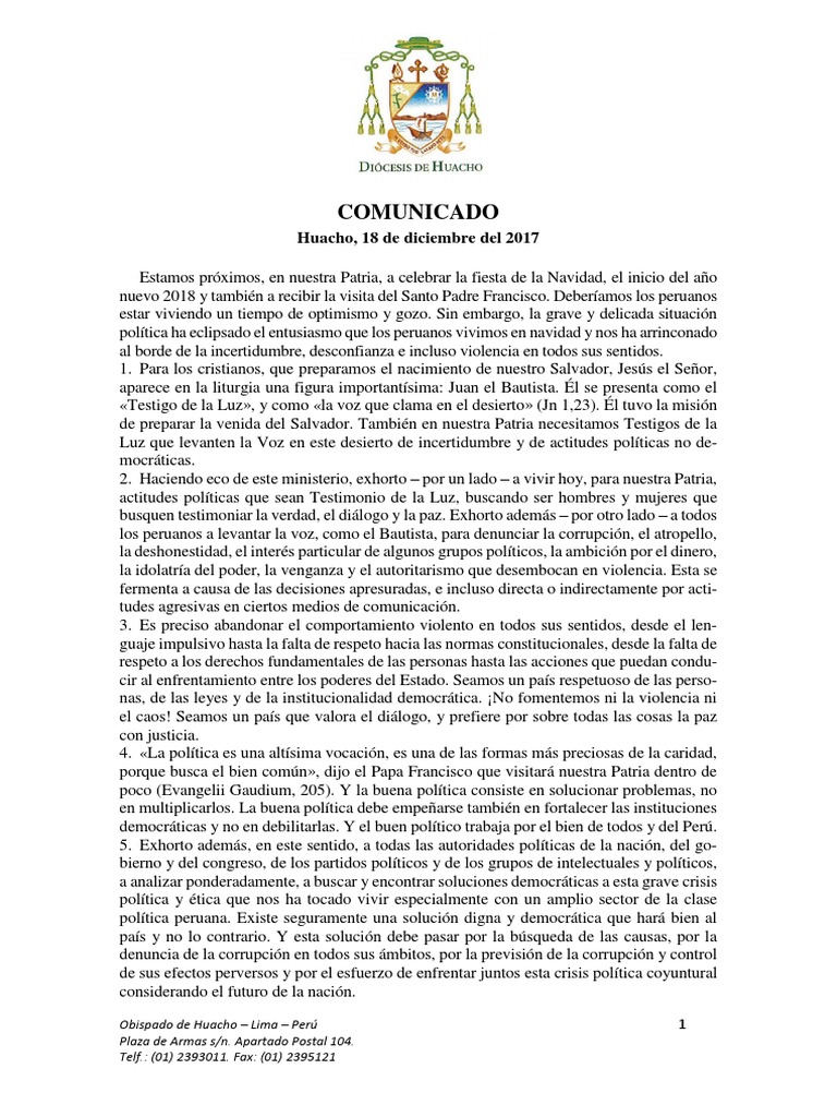 Comunicado Del Obispo De Huacho Monse or Antonio Santarsiero PDF 