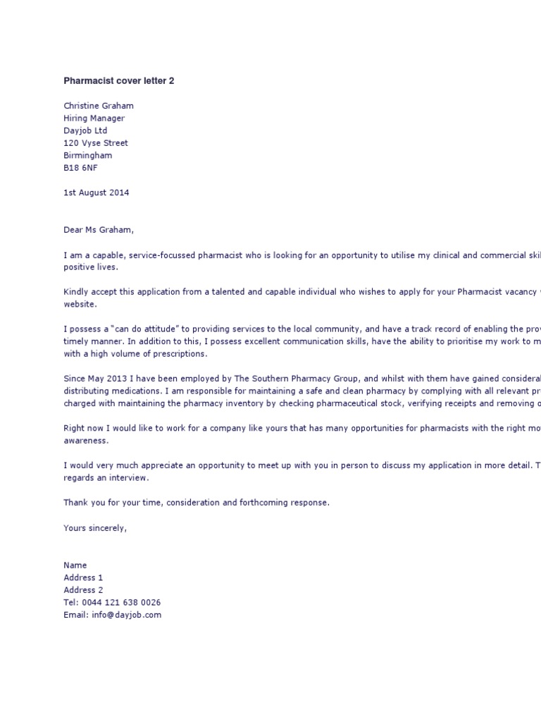 Pharmacist Cover Letter 2