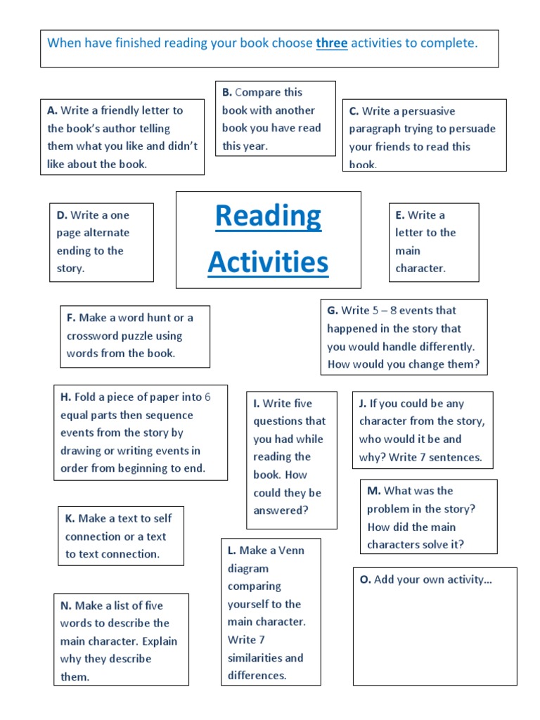 Reading Activities: When Have Finished Reading Your Book Choose Three ...