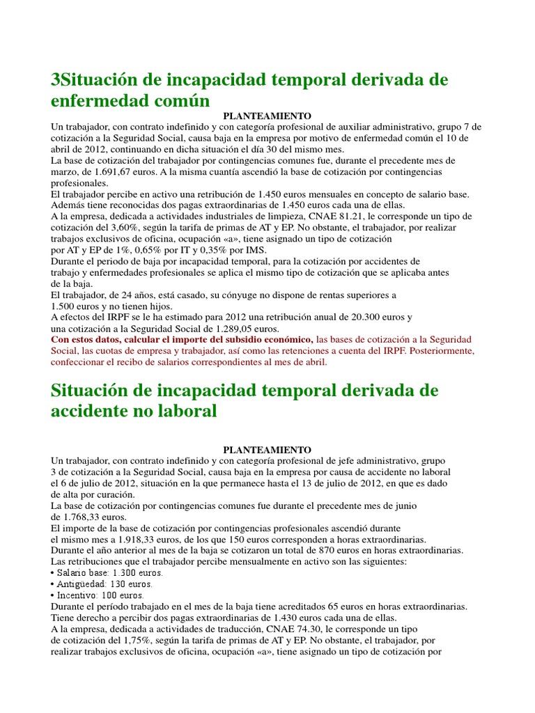 Ejercicios sobre Incapacidad Temporal | PDF | Salario | Gobierno
