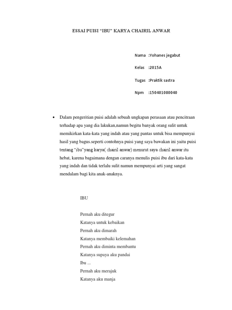 Apresiasi Puisi Ibu Karya Chairil Anwar KT Puisi