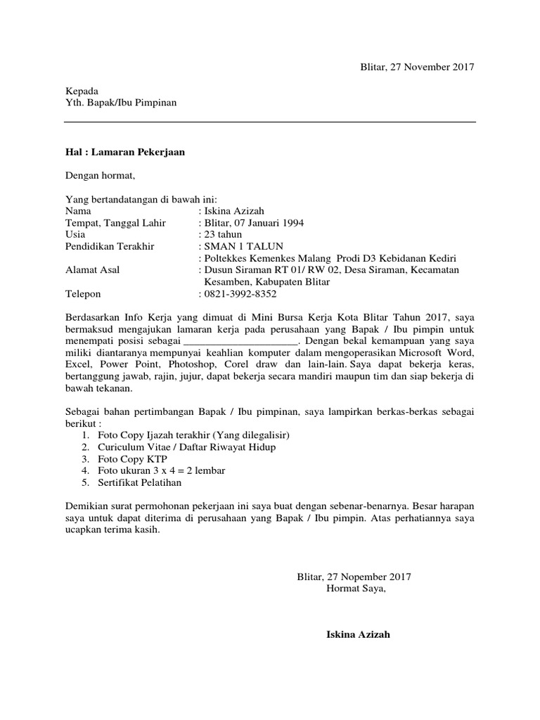 Contoh Surat Lamaran Kerja Di Pt Perkebunan Kelapa Sawit Kumpulan Surat Penting