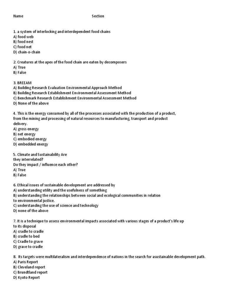 Question Paper for Sustainability Test Offline Sustainability Sustainable Development