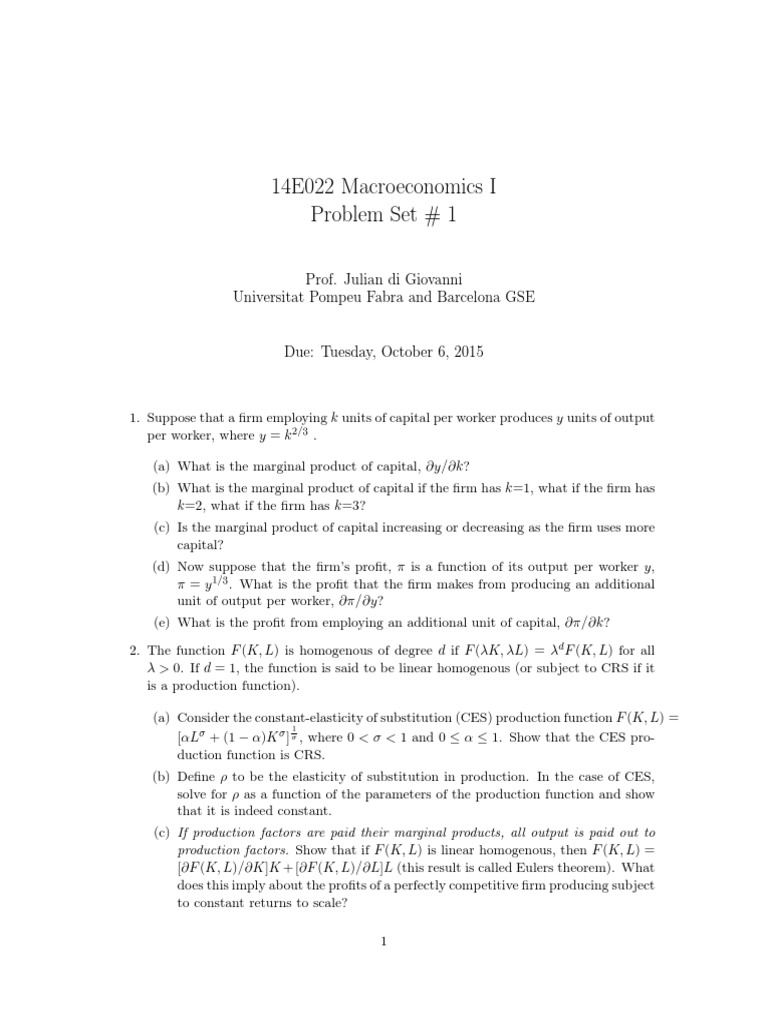 Macroeconomics I Problem Set 1 | PDF | Production Function | Teaching ...
