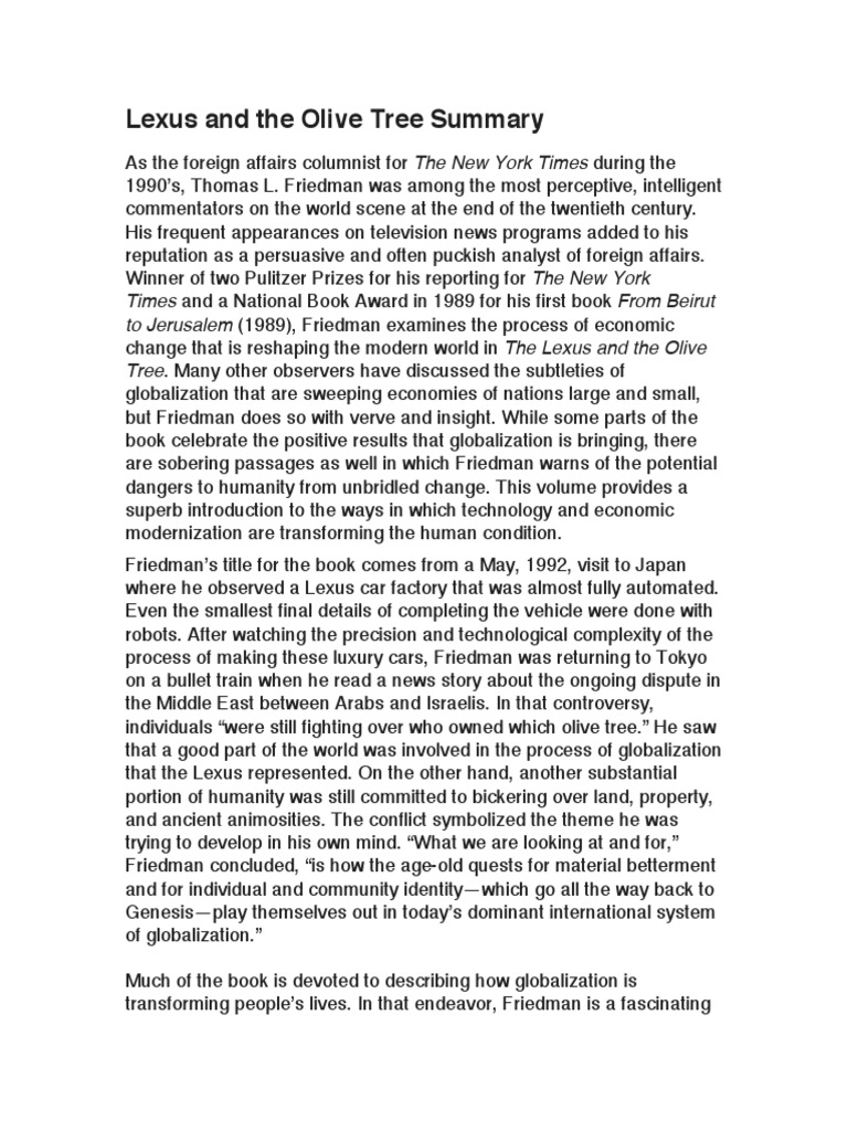 Lexus and The Olive Tree Summary PDF PDF Milton Friedman