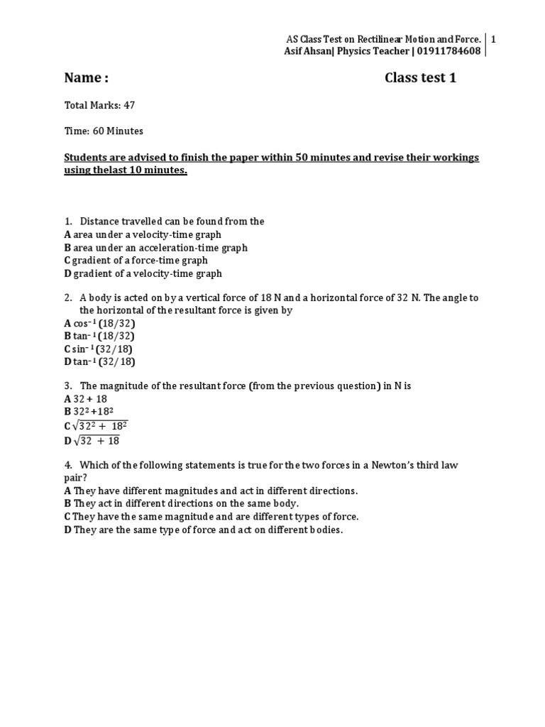 Edexcel IAL Physics Unit 1 Class Test (Rectilinear Motion and Force ...