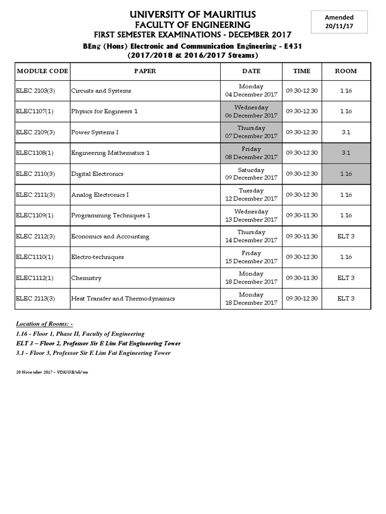 UoM Engineering Exam Timetable Dec 2017 PDF Electronics Science